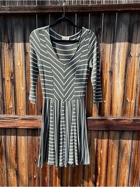Puella Striped Olive V-Neck Midi Dress with Three-Quarter Sleeves
